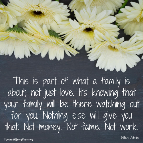 This is part of what a family is about, not just love. It's knowing that your family will be there watching out for you. Nothing else will give you that. Not money. No fame. Not work.