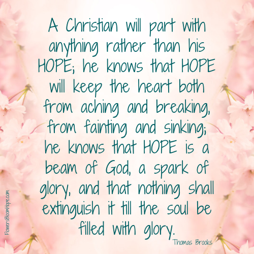 A Christian will part with anything rather than his hope; he knows that hope will keep the heart both from aching and breaking, from fainting and sinking; he knows that hope is a beam of God, a spark of glory, and that nothing shall extinguish it till the soul be filled with glory.