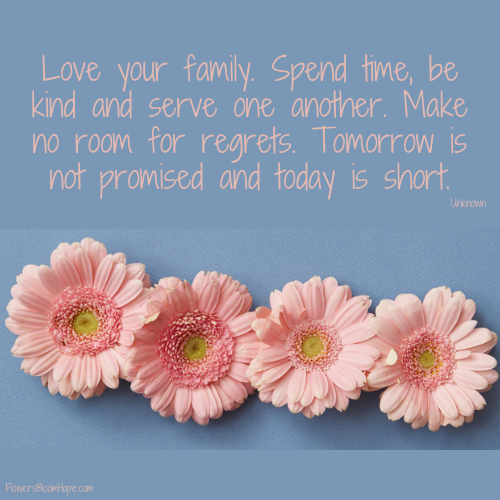 Love your family. Spend time, be kind and serve one another. Make no room for regrets. Tomorrow is not promised and today is short.