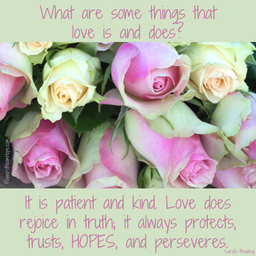What are some things that love is and does? It is patient and kind. Love does rejoice in truth; it always protects, trusts, hopes, and perseveres.
