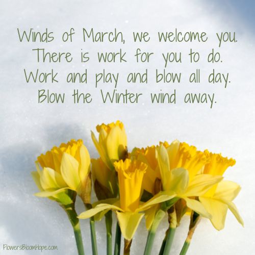 Winds of March, we welcome you. There is work for you to do. Work and play and blow all day. Blow the Winter wind away.