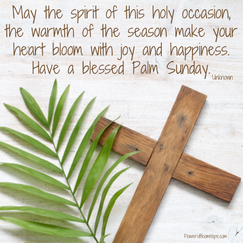 May the spirit of This holy occasion, The warmth of the season Make your heart bloom With joy & happiness, Have a blessed Palm Sunday.