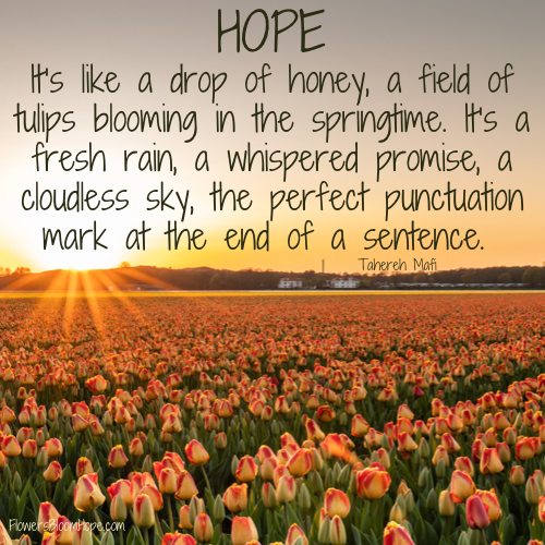 HOPE. It’s like a drop of honey, a field of tulips blooming in the springtime. It’s a fresh rain, a whispered promise, a cloudless sky, the perfect punctuation mark at the end of a sentence.