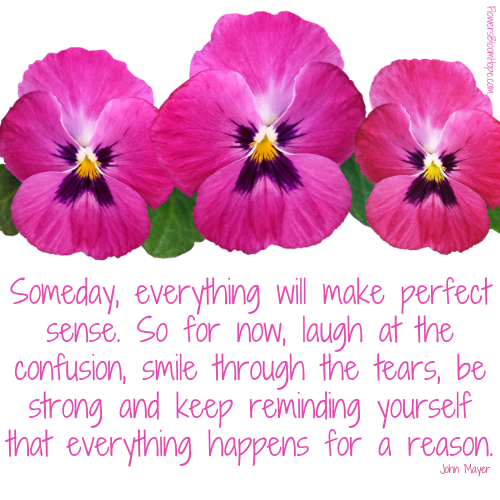 Someday, everything will make perfect sense. So for now, laugh at the confusion, smile through the tears, be strong and keep reminding yourself that everything happens for a reason.