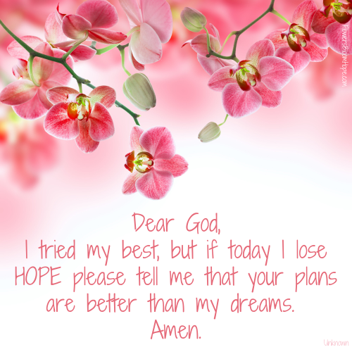 Dear God, I tried my best, but if today I lose HOPE please tell me that your plans are better than my dreams. Amen.