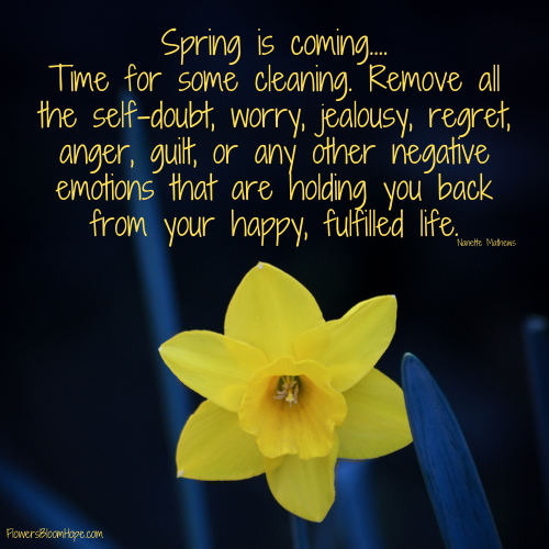 Spring is coming....Time for some cleaning. Remove all the self-doubt, worry, jealousy, regret, anger, guilt, or any other negative emotions that are holding you back from your happy, fulfilled life.