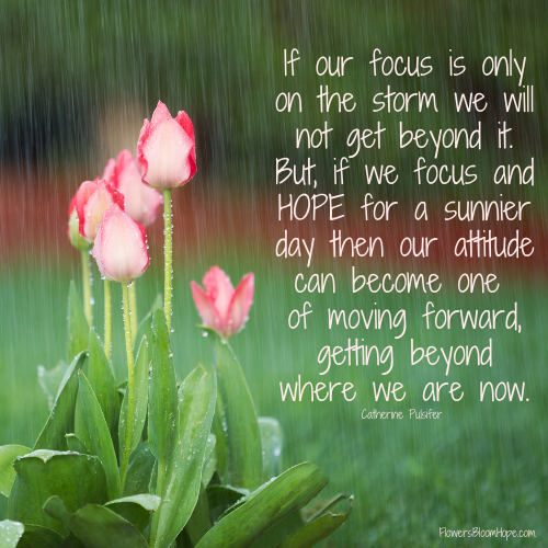 If our focus is only on the storm we will not get beyond it. But, if we focus and HOPE for a sunnier day then our attitude can become one of moving forward, getting beyond where we are now.