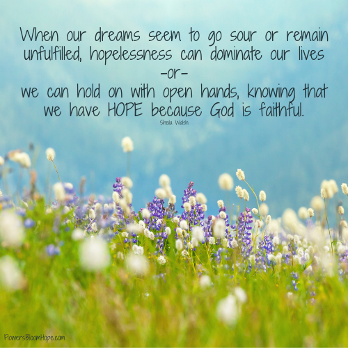 When our dreams seem to go sour or remain unfulfilled, hopelessness can dominate our lives-or we can hold on with open hands, knowing that we have HOPE because God is faithful.