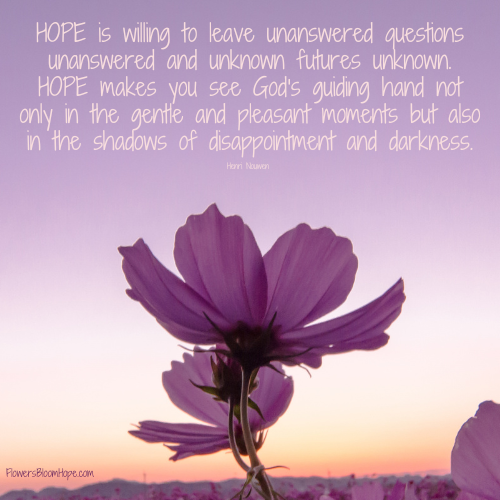 HOPE is willing to leave unanswered questions unanswered and unknown futures unknown. HOPE makes you see God's guiding hand not only in the gentle and pleasant moments but also in the shadows of disappointment and darkness.